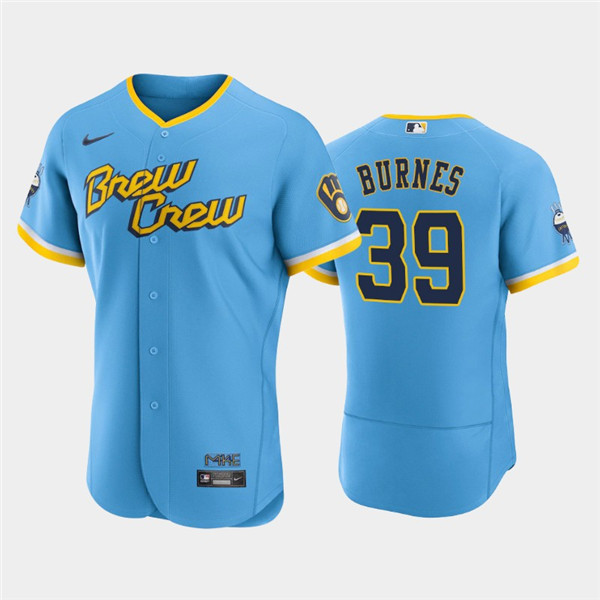Men's Milwaukee Brewers #39 Corbin Burnes Powder Blue 2022 City Connect Flex Base Stitched MLB Jersey